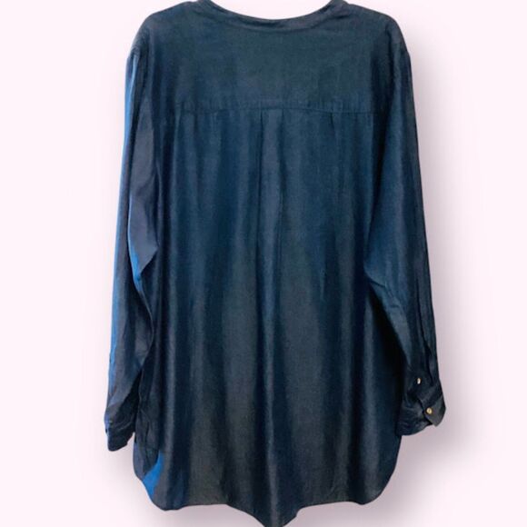 C. Wonder Blue Denim Chambray Ruffled Front Button Shirt Tunic 22W - Picture 2 of 10